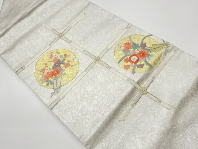 JAPANESE KIMONO / VINTAGE NAGOYA OBI / EMBROIDERY / FLOWER & NOSHI PATTERN